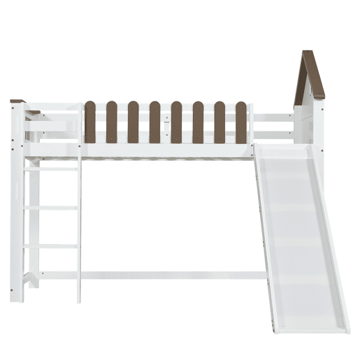 Cama alta 90x200 cm com escada e escorrega - em madeira de pinho e MDF - Branco e castanho