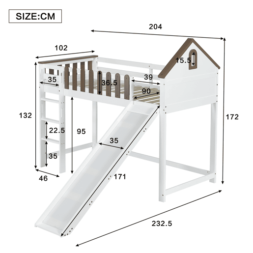 Cama alta 90x200 cm com escada e escorrega - em madeira de pinho e MDF - Branco e castanho