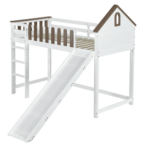 Cama alta 90x200 cm com escada e escorrega - em madeira de pinho e MDF - Branco e castanho