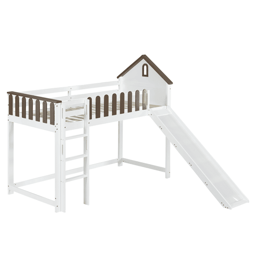 Cama alta 90x200 cm com escada e escorrega - em madeira de pinho e MDF - Branco e castanho