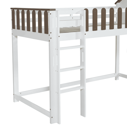 Cama alta 90x200 cm com escada e escorrega - em madeira de pinho e MDF - Branco e castanho