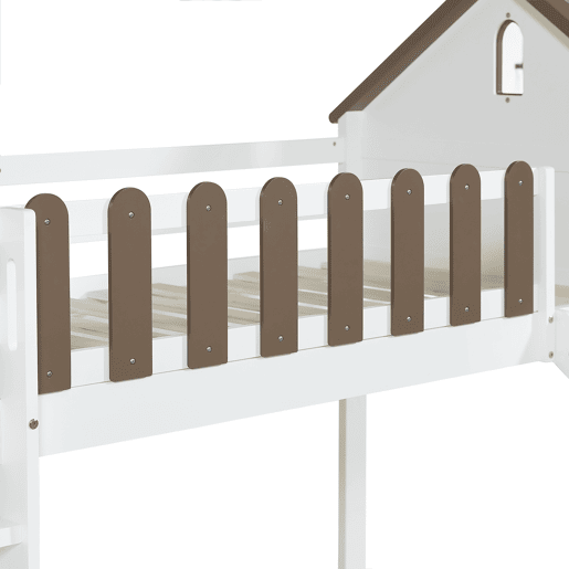 Cama alta 90x200 cm com escada e escorrega - em madeira de pinho e MDF - Branco e castanho
