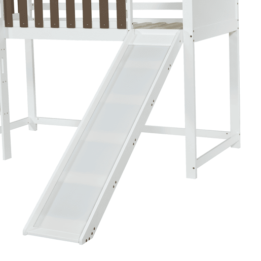 Cama alta 90x200 cm com escada e escorrega - em madeira de pinho e MDF - Branco e castanho