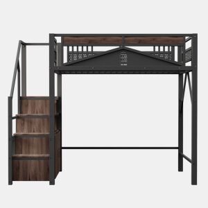 Cama alta metálica 140x200 cm - Cofre com janela, escada com armário - Preto