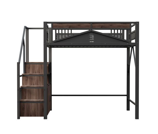 Cama alta metálica 140x200 cm - caja de seguridad con ventana, escalera con armario - negro