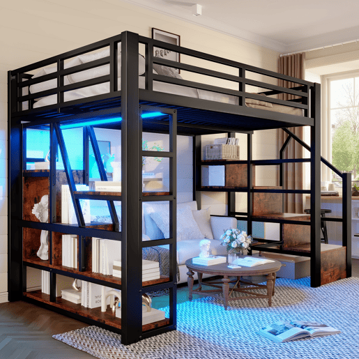 Cama loft 140x200 cm - Estrutura em ferro, prateleira, escada integrada, corrimão de segurança, luz LED - Preta
