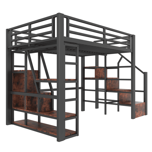 Cama loft 140x200 cm - Estrutura em ferro, prateleira, escada integrada, corrimão de segurança, luz LED - Preta