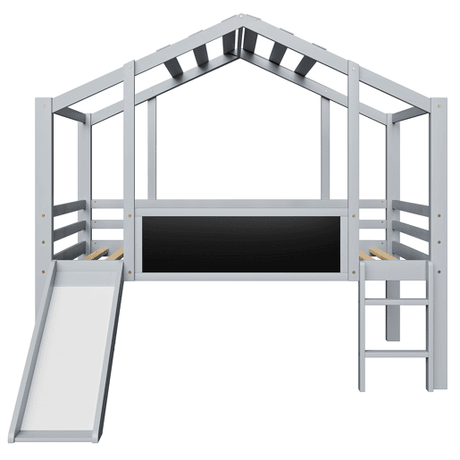 Cama infantil 90x200 cm - Design loft, escada e escorregador de segurança, quadro de grafite, madeira maciça, cinza