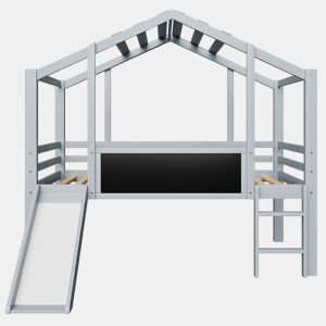 Cama infantil 90x200 cm - Design loft, escada e escorregador de segurança, quadro de grafite, madeira maciça, cinza