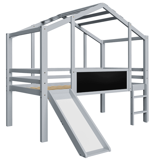 Cama infantil 90x200 cm - Design loft, escada e escorregador de segurança, quadro de grafite, madeira maciça, cinza