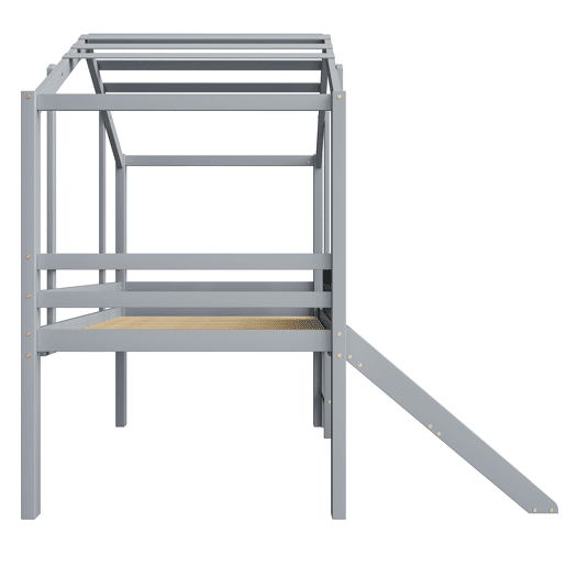 Cama infantil 90x200 cm - Design loft, escada e escorregador de segurança, quadro de grafite, madeira maciça, cinza