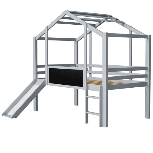Cama infantil 90x200 cm - Design loft, escada e escorregador de segurança, quadro de grafite, madeira maciça, cinza