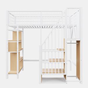 Cama alta multifuncional 90x200 cm - Com arrumação, prateleiras e escada - Branca