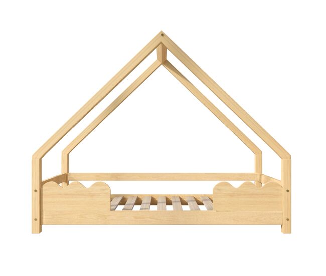 Cama infantil 90x200 cm con barrera de seguridad y diseño de casita de madera maciza - natural