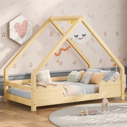 Cama infantil 90x200 cm com barreira de segurança e design de casinha em madeira maciça - Natural Cama infantil 90x200 cm com barreira de segurança e design de casinha em madeira maciça - Natural