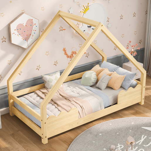 Cama infantil 90x200 cm com barreira de segurança e design de casinha em madeira maciça - Natural Cama infantil 90x200 cm com barreira de segurança e design de casinha em madeira maciça - Natural