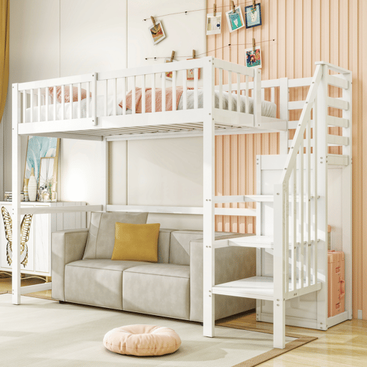 Cama mezzanine em madeira 90x200cm - com roupeiro - Branco