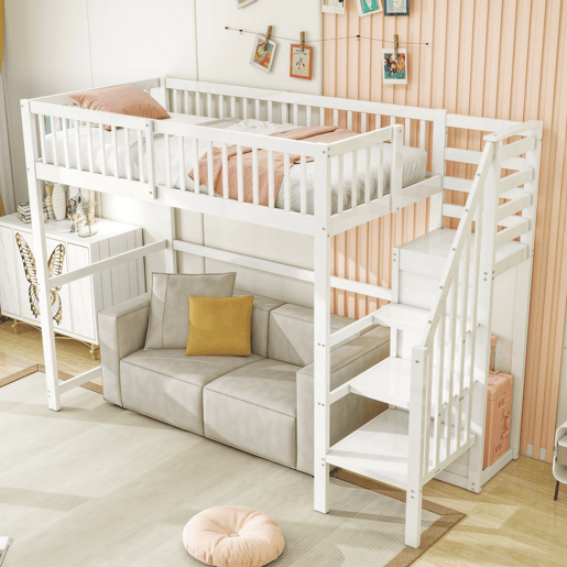 Cama mezzanine em madeira 90x200cm - com roupeiro - Branco