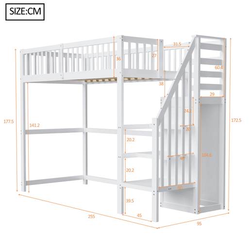 Cama mezzanine em madeira 90x200cm - com roupeiro - Branco