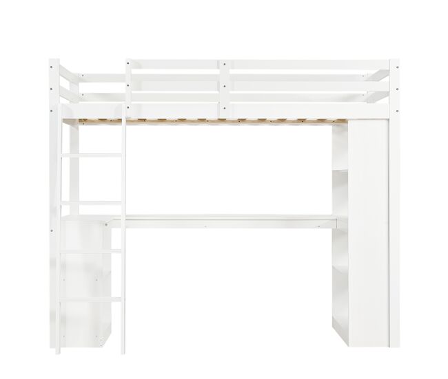 Cama loft 90x200 cm - estante práctico, barandilla de seguridad, escalera estable, blanco