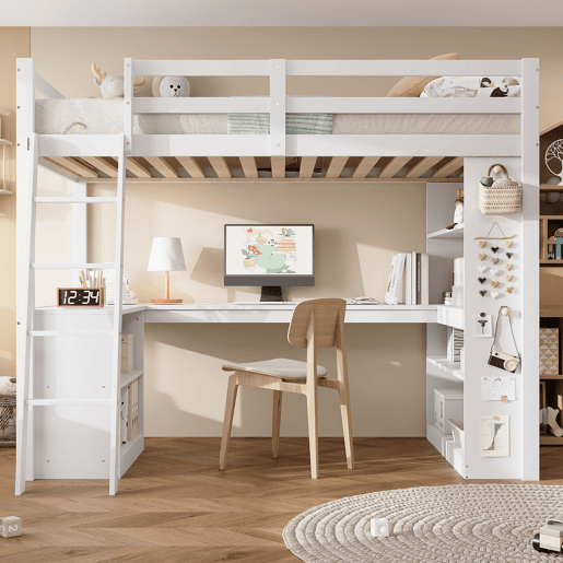 Cama loft 90x200 cm - Prateleira prática, grade de segurança, escada estável, branca