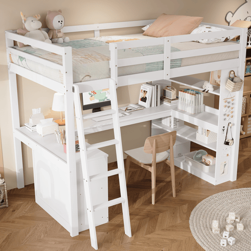 Cama loft 90x200 cm - Prateleira prática, grade de segurança, escada estável, branca