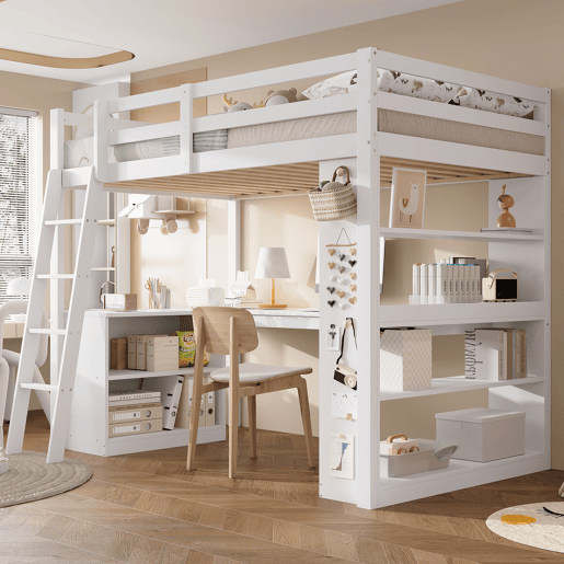Cama loft 90x200 cm - Prateleira prática, grade de segurança, escada estável, branca