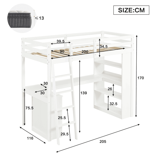Cama loft 90x200 cm - Prateleira prática, grade de segurança, escada estável, branca