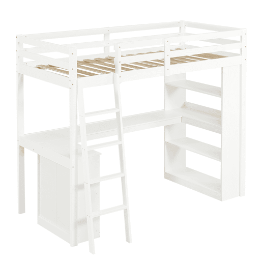 Cama loft 90x200 cm - Prateleira prática, grade de segurança, escada estável, branca