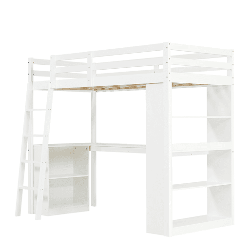 Cama loft 90x200 cm - Prateleira prática, grade de segurança, escada estável, branca