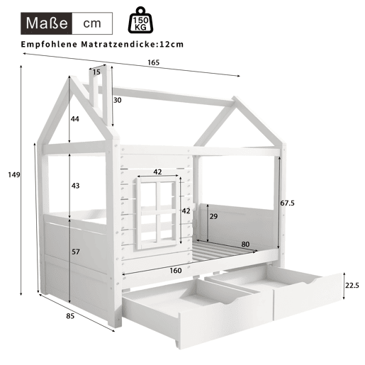 Beliche 80x160 cm com 2 gavetas - forma de casa - madeira maciça - Branco