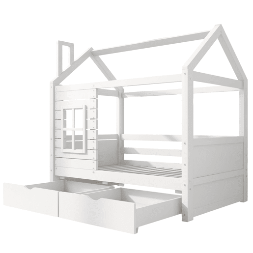 Beliche 80x160 cm com 2 gavetas - forma de casa - madeira maciça - Branco