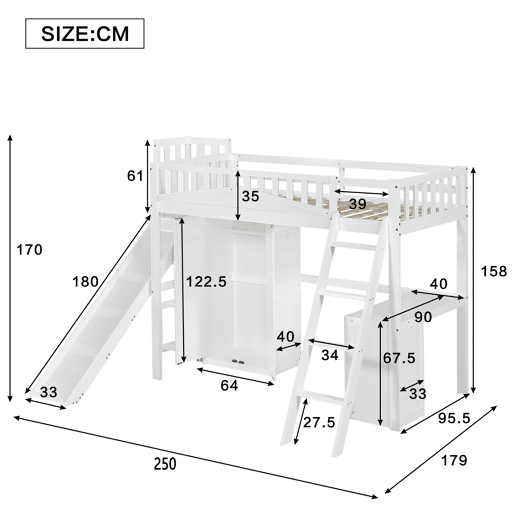 Cama alta de madeira 90x200 cm - com secretária + roupeiro + escorrega - Branco