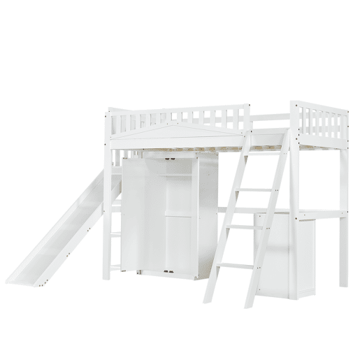 Cama alta de madeira 90x200 cm - com secretária + roupeiro + escorrega - Branco