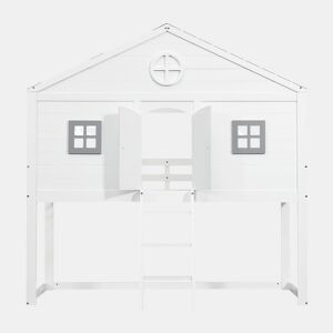 Cama tipo casa 90x200cm - Com escada, proteção anticaídas, duas janelas cinzentas - Branco+Cinza