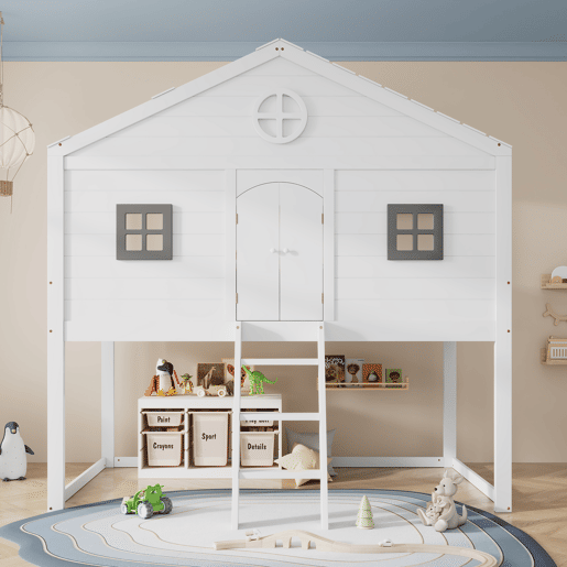 Cama tipo casa 90x200cm - Com escada, proteção anticaídas, duas janelas cinzentas - Branco+Cinza