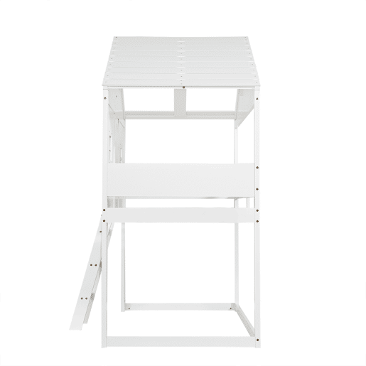 Cama tipo casa 90x200cm - Com escada, proteção anticaídas, duas janelas cinzentas - Branco+Cinza