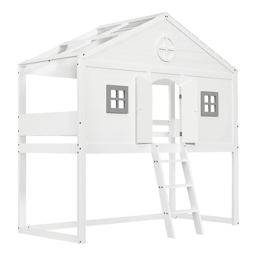 Cama tipo casa 90x200cm - Com escada, proteção anticaídas, duas janelas cinzentas - Branco+Cinza