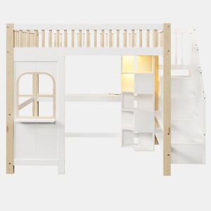 Cama alta 140x200 cm - Com luzes LED, forma de janela, secretária, prateleira e tomada elétrica - Branco+Natural