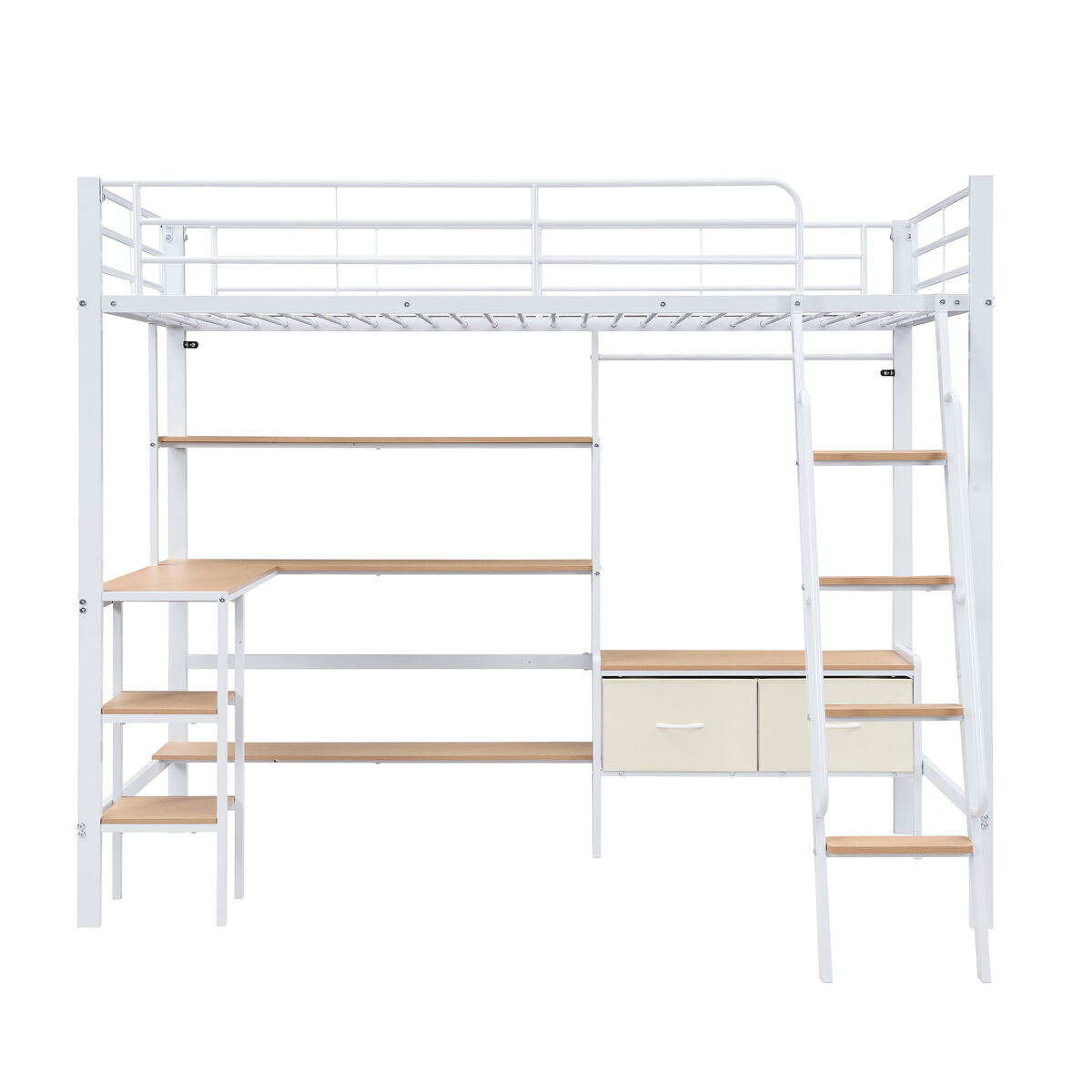 Cama loft 90x200cm - incluye 2 cajas de almacenamiento, escritorio, estante, escalera inclinada - blanco+natural