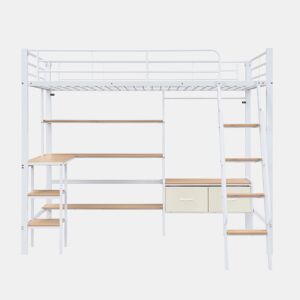 Cama loft 90x200cm - Inclui 2 caixas de arrumação, secretária, prateleira, escada inclinada - Branco+Natural