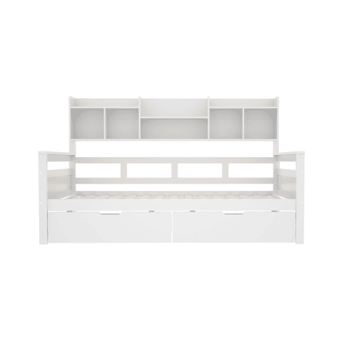 Sofá-cama 90x200 - Com gavetas e prateleiras, estrado, cama infantil, cama juvenil, cama individual, cama de madeira maciça - Branco