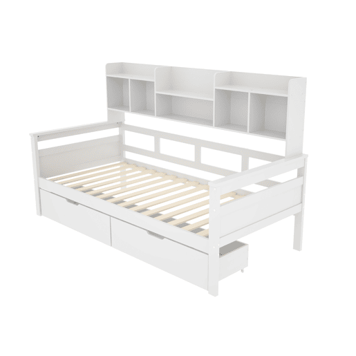 Sofá-cama 90x200 - Com gavetas e prateleiras, estrado, cama infantil, cama juvenil, cama individual, cama de madeira maciça - Branco