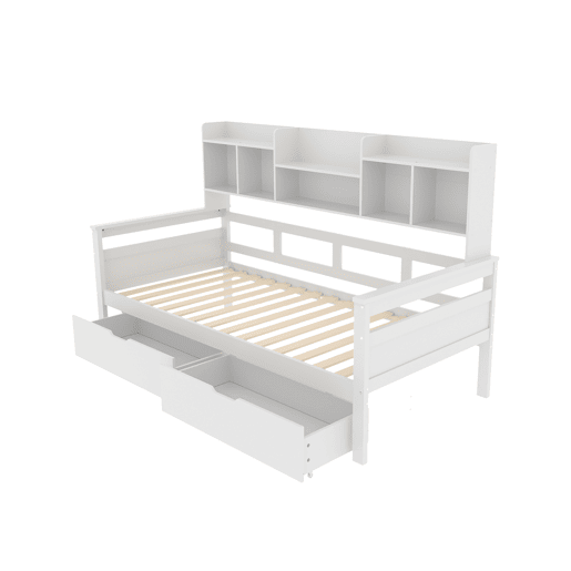Sofá-cama 90x200 - Com gavetas e prateleiras, estrado, cama infantil, cama juvenil, cama individual, cama de madeira maciça - Branco