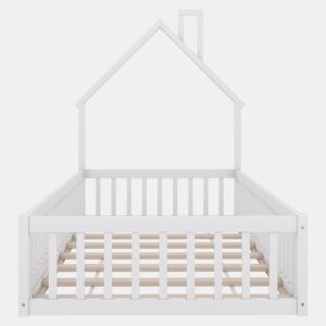 Cama infantil, 90 x 200 cm - Cama em forma de chaminé, com estrado (sem colchão), madeira de pinho, estilo minimalista - Branco