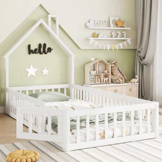 Cama infantil, 90 x 200 cm - Cama em forma de chaminé, com estrado (sem colchão), madeira de pinho, estilo minimalista - Branco