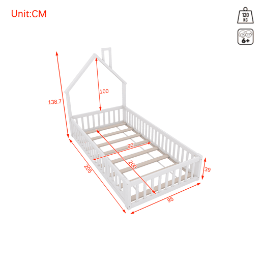 Cama infantil, 90 x 200 cm - Cama em forma de chaminé, com estrado (sem colchão), madeira de pinho, estilo minimalista - Branco