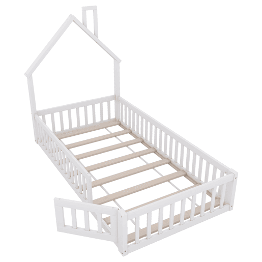 Cama infantil, 90 x 200 cm - Cama em forma de chaminé, com estrado (sem colchão), madeira de pinho, estilo minimalista - Branco