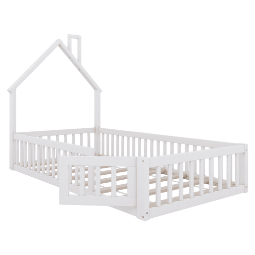Cama infantil, 90 x 200 cm - Cama em forma de chaminé, com estrado (sem colchão), madeira de pinho, estilo minimalista - Branco