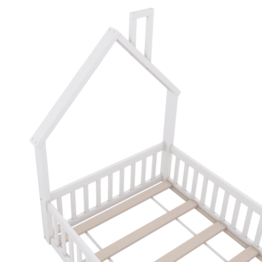 Cama infantil, 90 x 200 cm - Cama em forma de chaminé, com estrado (sem colchão), madeira de pinho, estilo minimalista - Branco